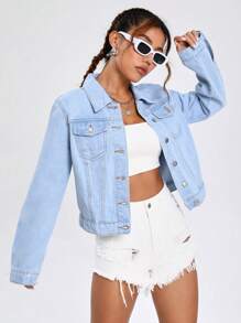 SHEIN EZwear Flap Pocket Denim Jacket - Blue - View 1