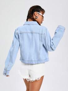 SHEIN EZwear Flap Pocket Denim Jacket - Blue - View 2