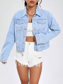 SHEIN EZwear Flap Pocket Denim Jacket - Blue - View 3