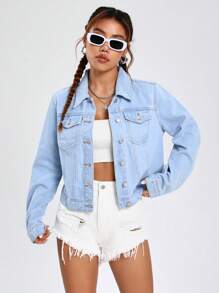 SHEIN EZwear Flap Pocket Denim Jacket - Blue - View 4