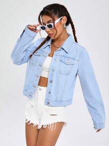 SHEIN EZwear Flap Pocket Denim Jacket - Blue - View 6