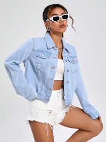 SHEIN EZwear Flap Pocket Denim Jacket - Blue - View 7