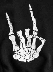 ROMWE PUNK Skeleton Print Drop Shoulder Drawstring Hoodie, School,Long Sleeve Tops - Black - View 3