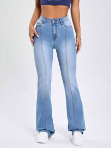 SHEIN EZwear Chất rắn Khâu trên cùng Quần ống loe - Rửa nhẹ - Xem 1