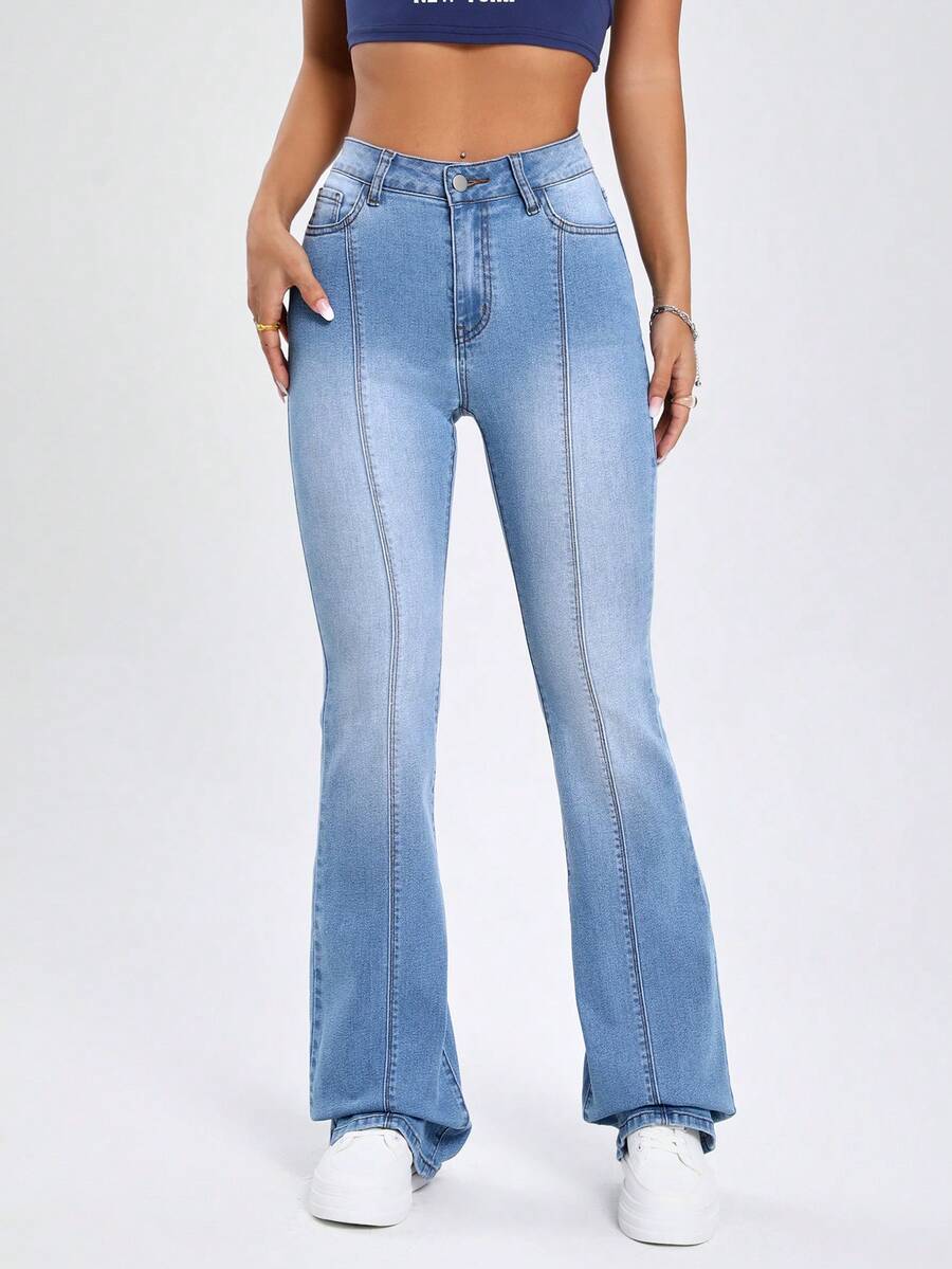 SHEIN EZwear Chất rắn Khâu trên cùng Quần ống loe - Rửa nhẹ - Xem 1