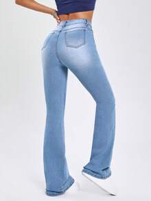 SHEIN EZwear Chất rắn Khâu trên cùng Quần ống loe - Rửa nhẹ - Xem 2