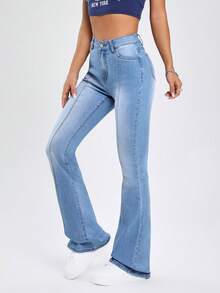 SHEIN EZwear Chất rắn Khâu trên cùng Quần ống loe - Rửa nhẹ - Xem 4