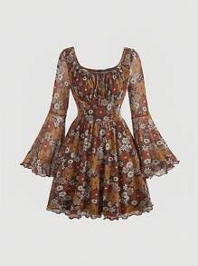 SHEIN MOD 印花荷葉袖胸部褶皺連衣裙 - 彩色 - 查看 1