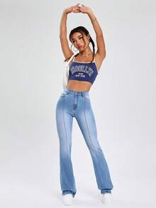 SHEIN EZwear Chất rắn Khâu trên cùng Quần ống loe - Rửa nhẹ - Xem 5