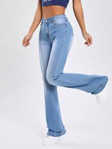 SHEIN EZwear Chất rắn Khâu trên cùng Quần ống loe - Rửa nhẹ - Xem 6