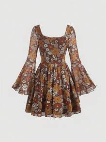 SHEIN MOD 印花荷葉袖胸部褶皺連衣裙 - 彩色 - 查看 2