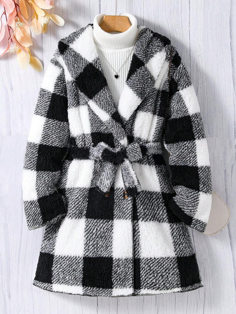SHEIN Tween Girl Buffalo Plaid Pattern Belted Coat Without Jumper - Black and White - View 1