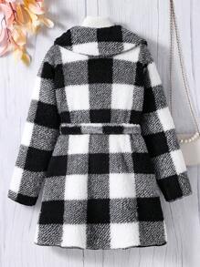 SHEIN Tween Girl Buffalo Plaid Pattern Belted Coat Without Jumper - Black and White - View 2