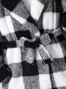 SHEIN Tween Girl Buffalo Plaid Pattern Belted Coat Without Jumper - Black and White - View 3