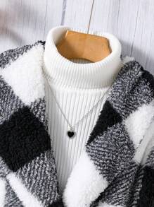 SHEIN Tween Girl Buffalo Plaid Pattern Belted Coat Without Jumper - Black and White - View 4