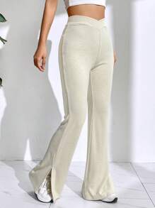 SHEIN EZwear Chất rắn Quần ống loe - Màu Khaki - Xem 1