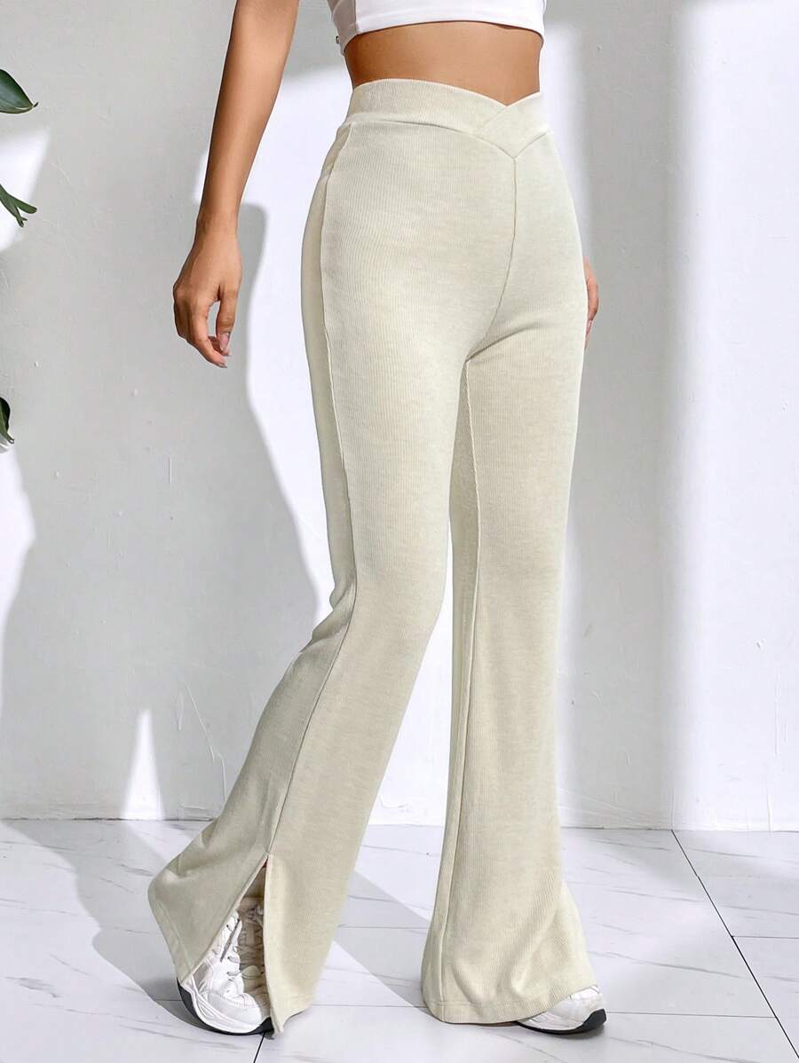 SHEIN EZwear Chất rắn Quần ống loe - Màu Khaki - Xem 1