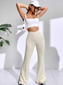 SHEIN EZwear Chất rắn Quần ống loe - Màu Khaki - Xem 3