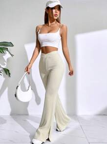 SHEIN EZwear Chất rắn Quần ống loe - Màu Khaki - Xem 4