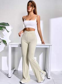 SHEIN EZwear Chất rắn Quần ống loe - Màu Khaki - Xem 5