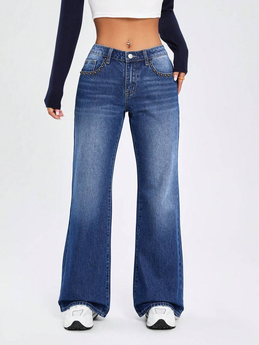 SHEIN EZwear Túi nghiêng Quần ống loe - Rửa tối - Xem 1
