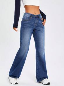 SHEIN EZwear Túi nghiêng Quần ống loe - Rửa tối - Xem 4