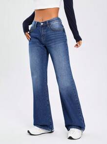 SHEIN EZwear Túi nghiêng Quần ống loe - Rửa tối - Xem 5