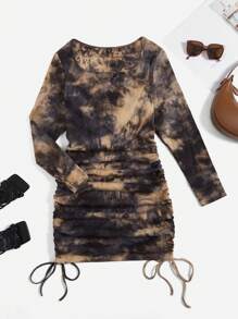 SHEIN EZwear Plus Tie Dye Drawstring Side Bodycon Dress - Multicolor - View 1