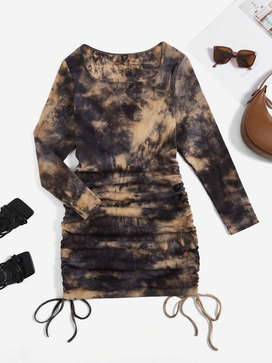 SHEIN EZwear Plus Tie Dye Drawstring Side Bodycon Dress - Multicolor - View 1