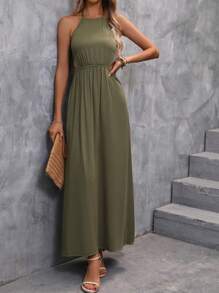 SHEIN Clasi Solid Tie Backless Halter Neck Dress