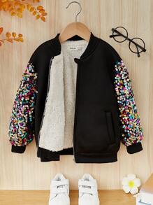 SHEIN Young Girl Sequin Decor Teddy Lined Bomber Jacket - Black - View 1