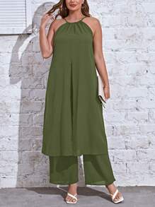 SHEIN Essnce Plus Solid Backless Longline Cami Top & Wide Leg Pants - Army Green - View 5