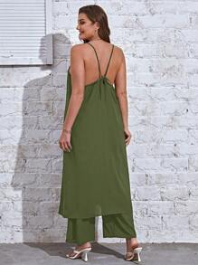 SHEIN Essnce Plus Solid Backless Longline Cami Top & Wide Leg Pants - Army Green - View 2