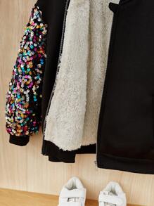 SHEIN Young Girl Sequin Decor Teddy Lined Bomber Jacket - Black - View 4