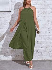 SHEIN Essnce Plus Solid Backless Longline Cami Top & Wide Leg Pants - Army Green - View 3