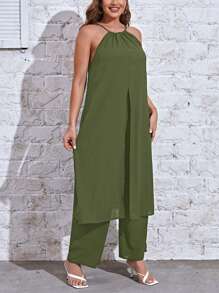 SHEIN Essnce Plus Solid Backless Longline Cami Top & Wide Leg Pants - Army Green - View 1