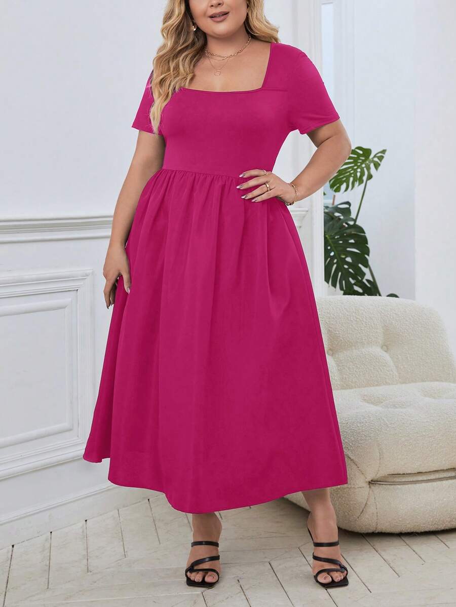 SHEIN Privé 大碼方領A字洋裝 - 玫紅色 - 查看 1