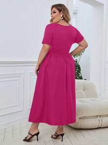 SHEIN Privé 大碼方領A字洋裝 - 玫紅色 - 查看 4