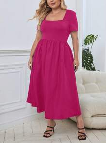 SHEIN Privé 大碼方領A字洋裝 - 玫紅色 - 查看 2