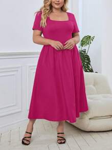 SHEIN Privé 大碼方領A字洋裝 - 玫紅色 - 查看 5