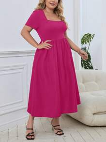 SHEIN Privé 大碼方領A字洋裝 - 玫紅色 - 查看 3