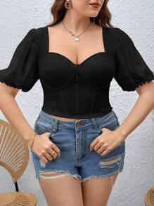 SHEIN Privé Plus Sweetheart Neck Puff Sleeve Bustier Crop Blouse - Black - View 1