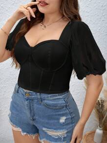 SHEIN Privé Plus Sweetheart Neck Puff Sleeve Bustier Crop Blouse - Black - View 3