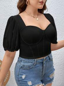 SHEIN Privé Plus Sweetheart Neck Puff Sleeve Bustier Crop Blouse - Black - View 4