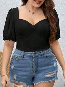 SHEIN Privé Plus Sweetheart Neck Puff Sleeve Bustier Crop Blouse - Black - View 5