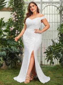 Plus Off Shoulder Split Thigh Sequin Wedding Dress - White - View 1