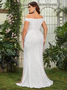 Plus Off Shoulder Split Thigh Sequin Wedding Dress - White - View 2