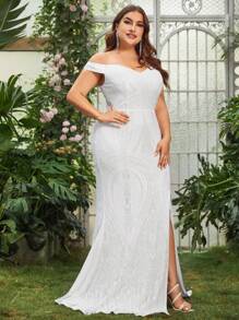 Plus Off Shoulder Split Thigh Sequin Wedding Dress - White - View 5
