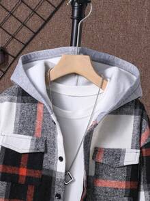 SHEIN Tween Boy Plaid Print Flap Pocket Hooded Jacket Without Tee - Multicolor - View 3
