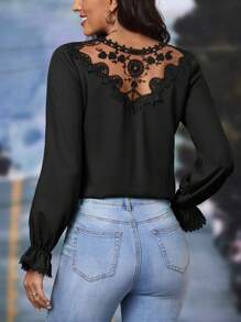 SHEIN Clasi Embroidery Mesh Insert Flare Sleeve Blouse - Black - View 2